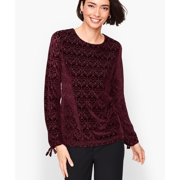 Talbots Burgundy Burnout Velvet Top With Tie Wrists NWT Sz Large Petite LP - Picture 1 of 6